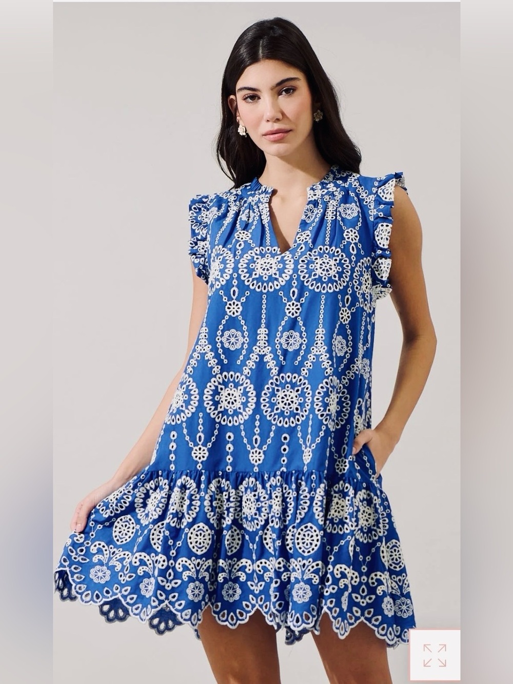 Sugarlips Laurin Eyelet Ruffle Mini Dress Cobalt Blue Off White Medium Vacation